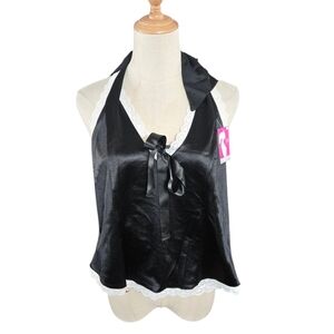 Paris Hilton Black Satin Halter Top with Lace Trim And Black Bow Hair Clip NWT